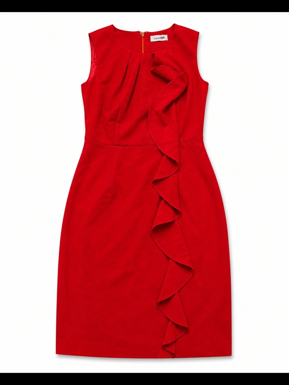 Calvin Klein Red Ruffle Midi Sheath Dress Size- 6/8
